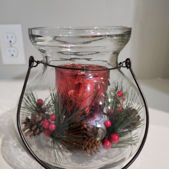 Lantern Style Glass Pine and Red Berry Christmas Candle Holder - Picture 6 of 9